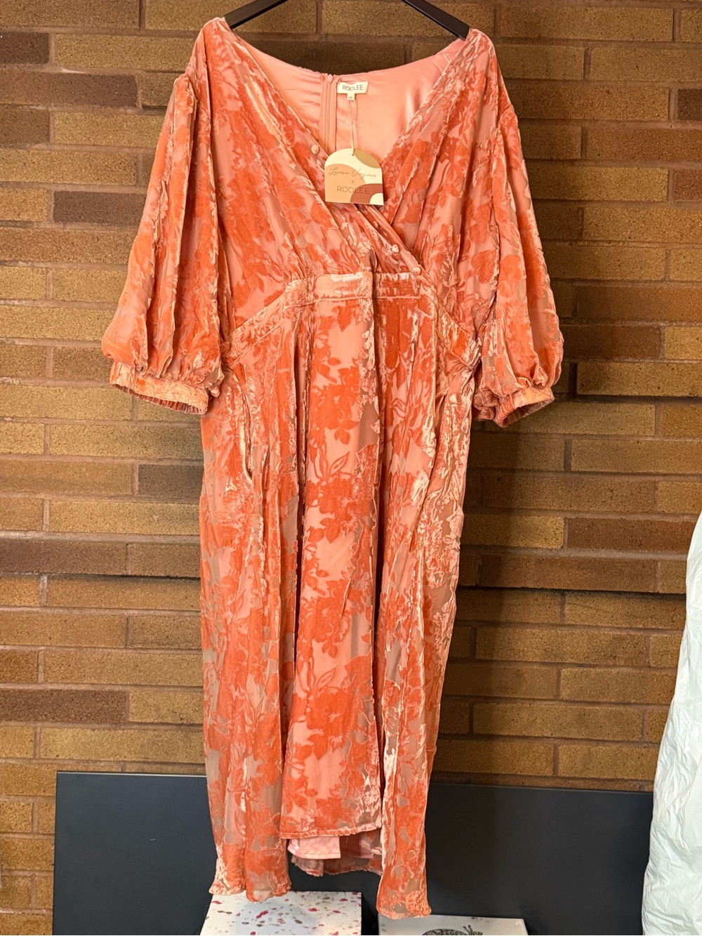 Roolee x Lauren Virginia Orange Floral Velvet Burnout Midi Dress